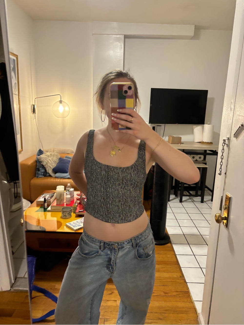 Women’s Gray Ribbed Scoop Neck Cropped Tank Top